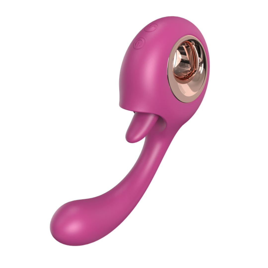 Front view of Pink dual action G spot and clit licking vibrator