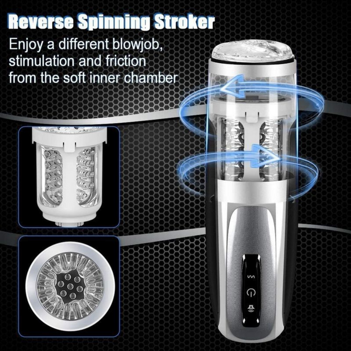 interior White and black rechargeable rotating male stroker with hands-free base