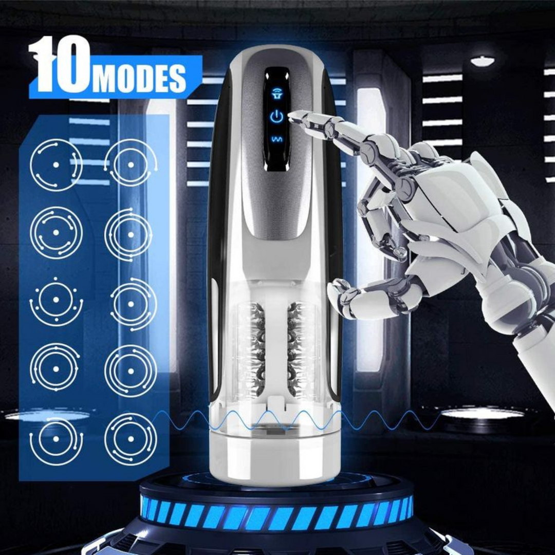 interior White and black rechargeable rotating male stroker with hands-free base