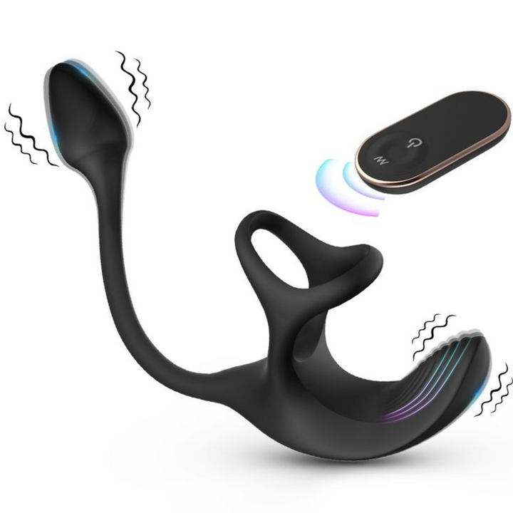 Black silicone vibrating cock ring with prostate plug and remote