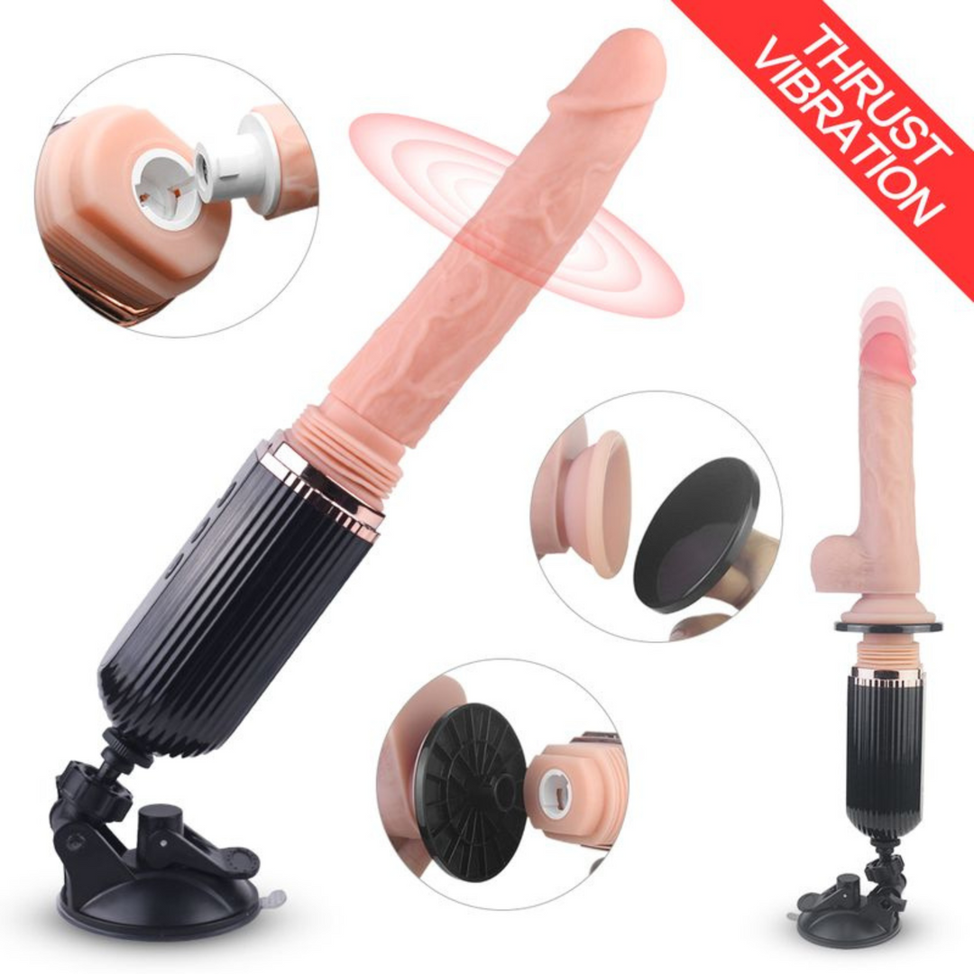 Beige thrusting and vibrating realistic sex machine dildo with suction cup base, and suction cup attachment