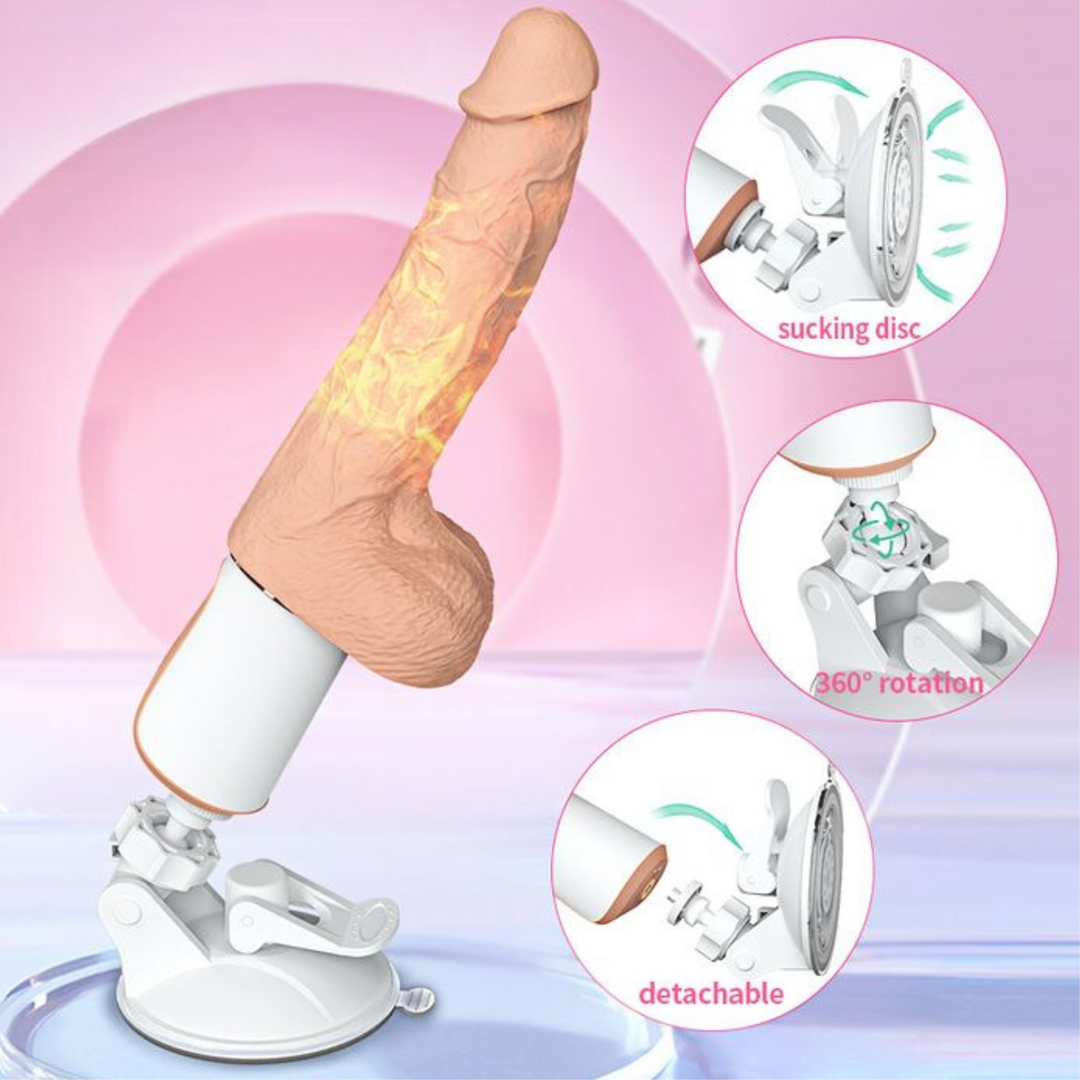 Beige thrusting, warming, and vibrating sex machine dildo with suction cup base 