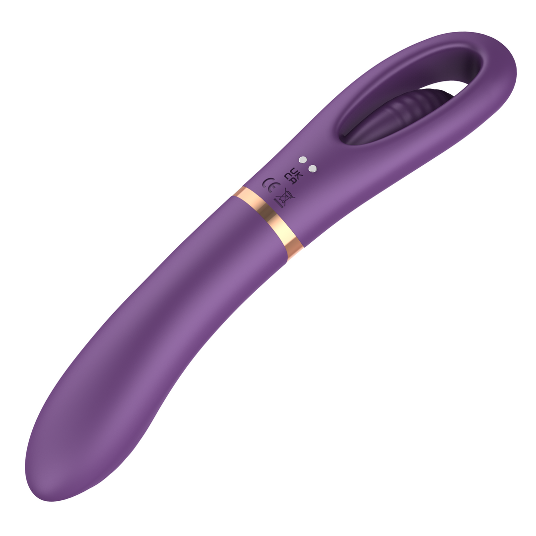 back view of purple dual ended tapping and vibrating vibrator showing charging port