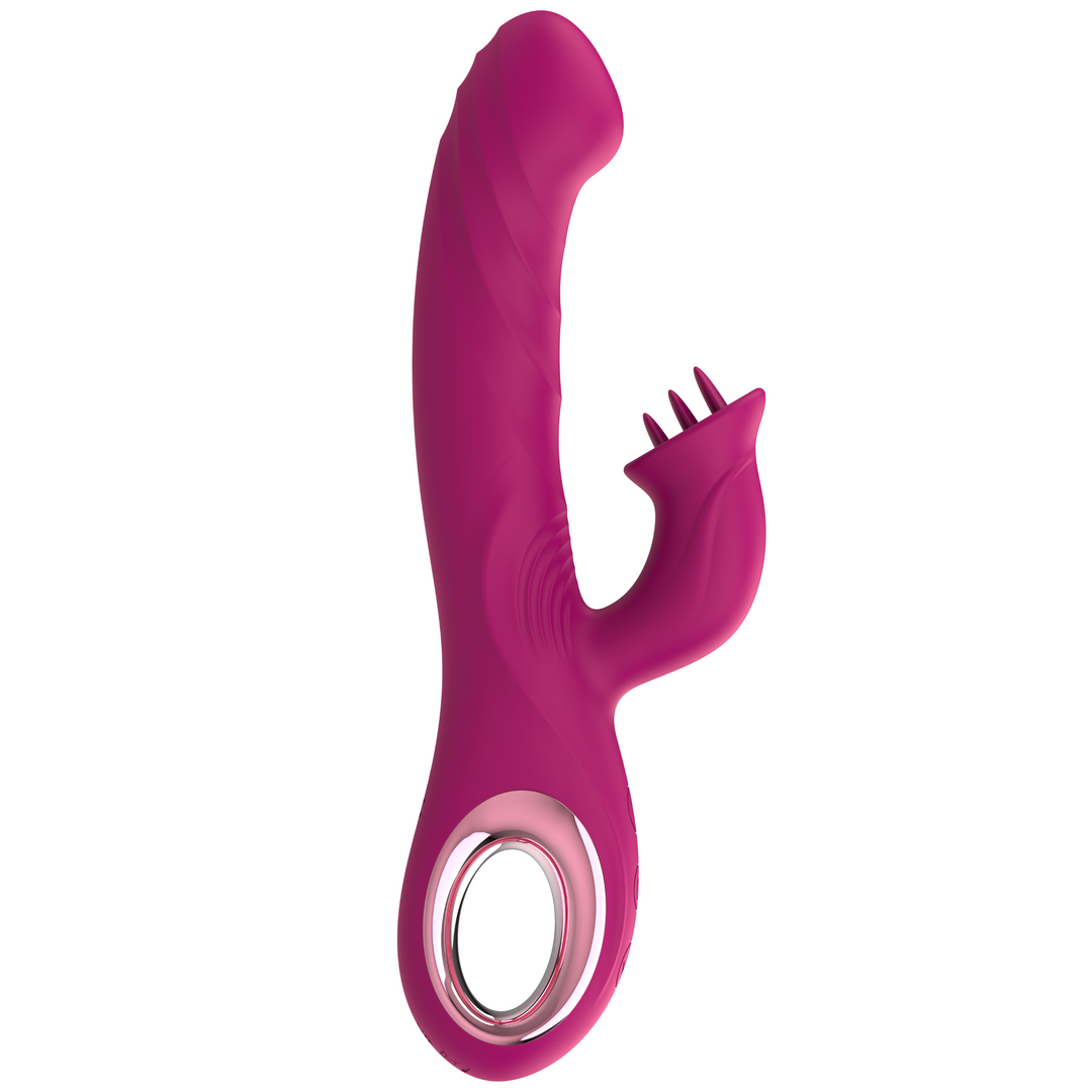 side view of pink tapping and licking dual action vibrator