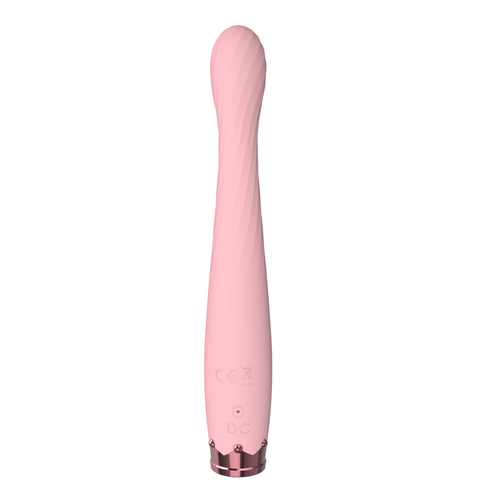 back view of pinpoint rabbit pink vibrator showing charging port