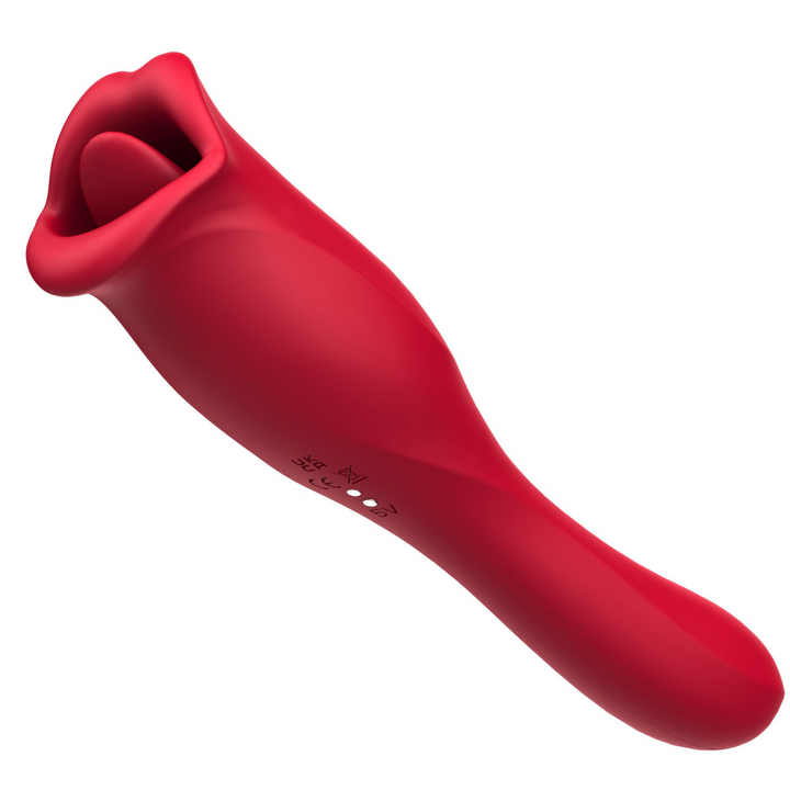 dual ended red french kissing and g-spot vibrator showing charging port