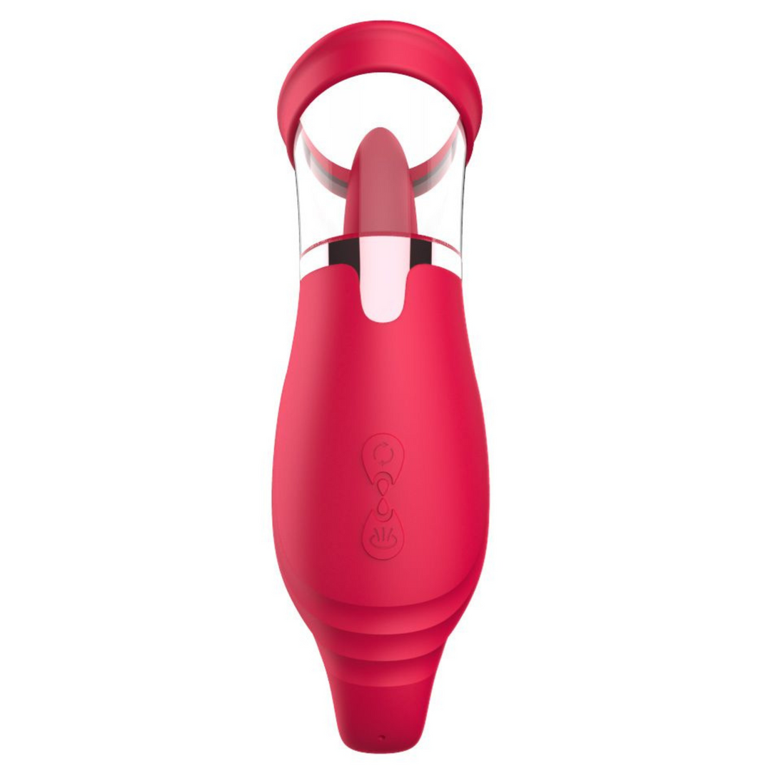 red tongue licking, sucking, and vibrating vibrator showing power buttons