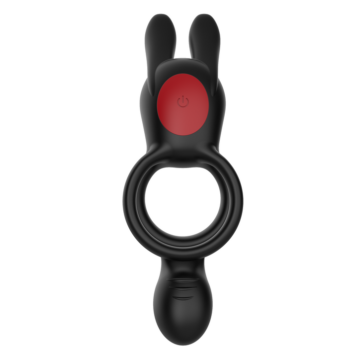 back view of dual vibrating cock ring with clit bunny and ball vibrator