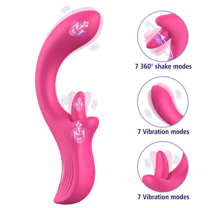 pink dual action vibrator with clit licking tongue, 7 vibration and tongue movements