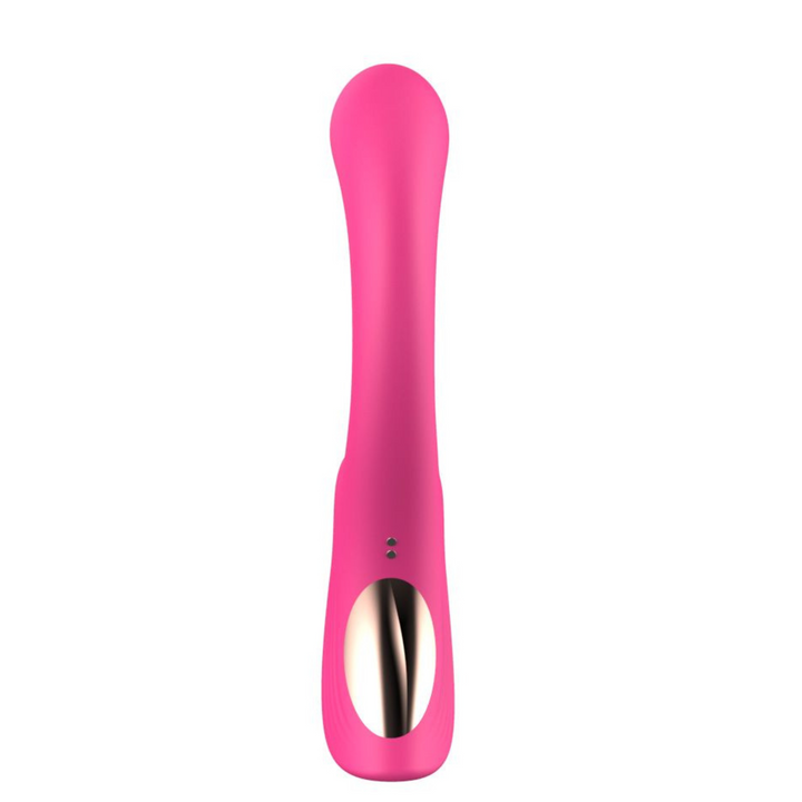 pink dual action vibrator with clit licking tongue, back view