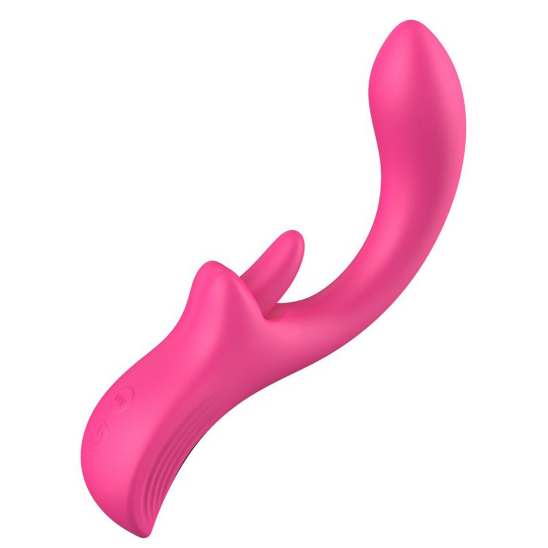 pink dual action vibrator with clit licking tongue, side view