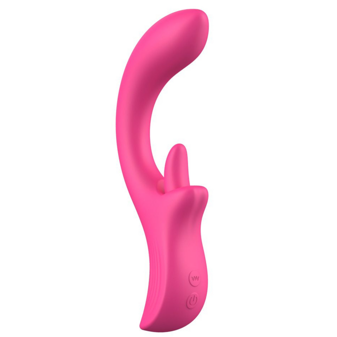 pink dual action vibrator with clit licking tongue, front view