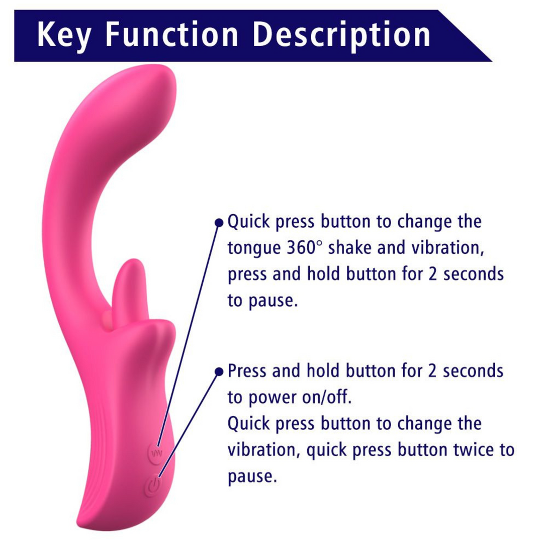 pink dual action vibrator with clit licking tongue, how to use, press and hold buttons