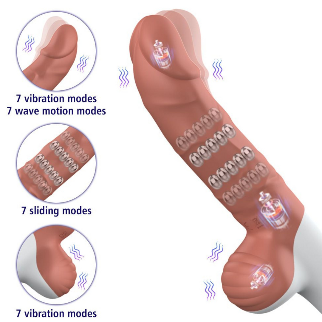 brown vibrating dildo with white base7 vibrating, sliding, and wave modes