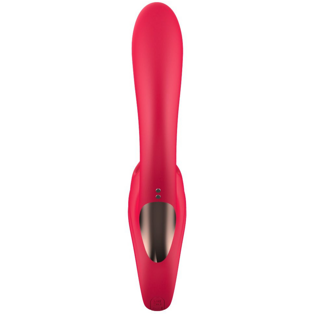 red dual action tongue licker and g spot vibrator showing charging port