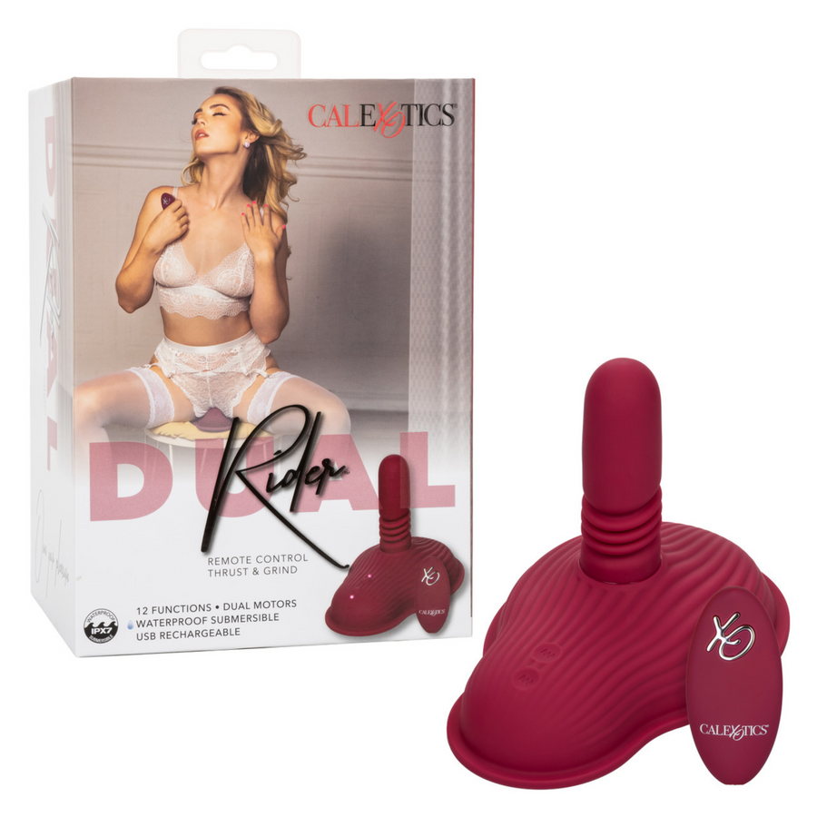 Dual Rider Rechargeable Silicone Remote Control Thrust & Grind Massager - Red image showing the item and the packaging it will come in.