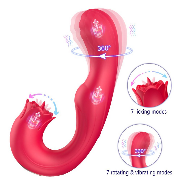 red dual action tongue licking and g spot rotating vibrator 7 licking, rotating and vibrating functions