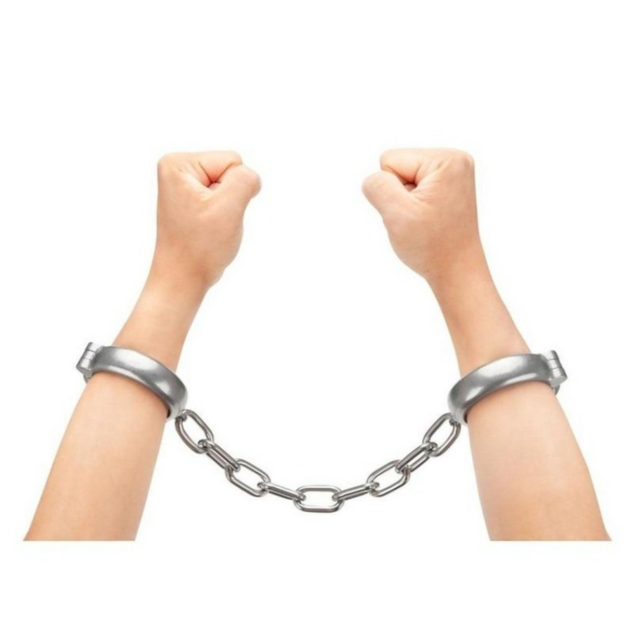 Prowler RED Heavy Duty Metal Handcuffs - Stainless Steel image of cuffs on wrists