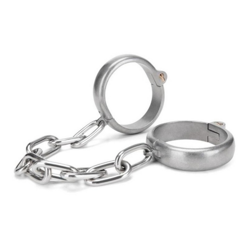 Prowler RED Heavy Duty Metal Handcuffs - Stainless Steel image of cuffs closed and locked