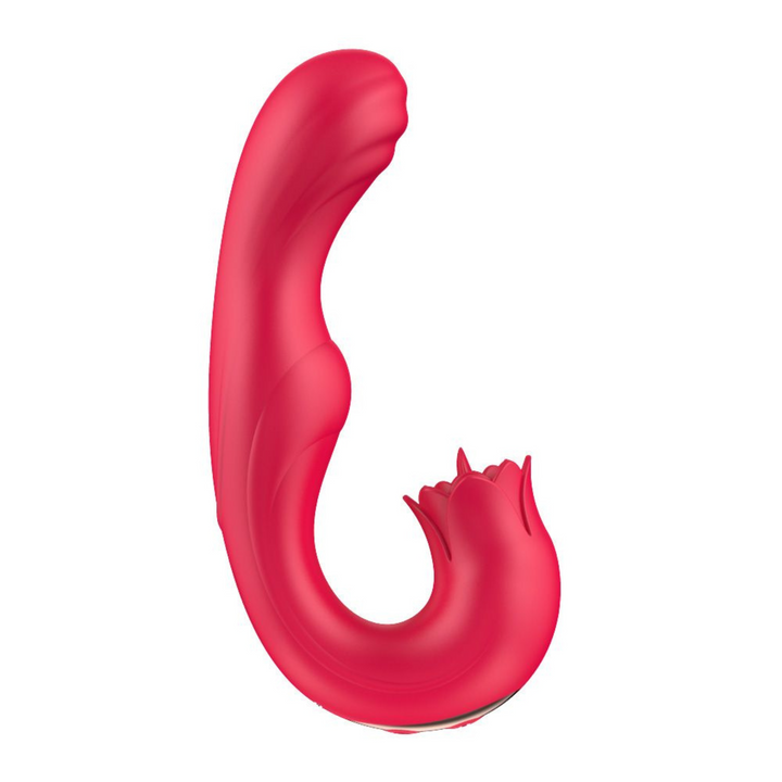 red dual action tongue licking and g spot rotating vibrator side view