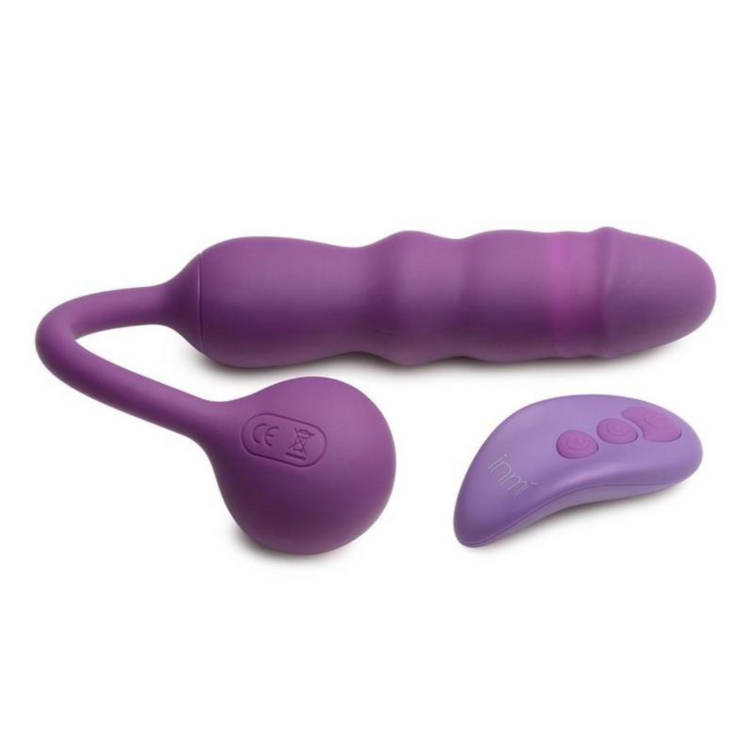 Inmi Thrust Thumper Rechargeable Silicone Vibrator with Remote Control view of product and the remote