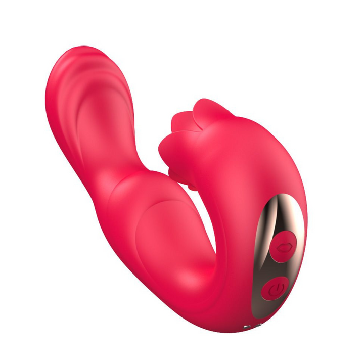 red dual action tongue licking and g spot rotating vibrator showing power buttons and charging port