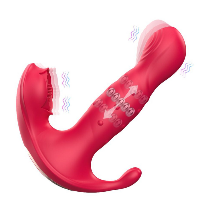 red triple stimulator vibrator showing sliding beads and vibrations