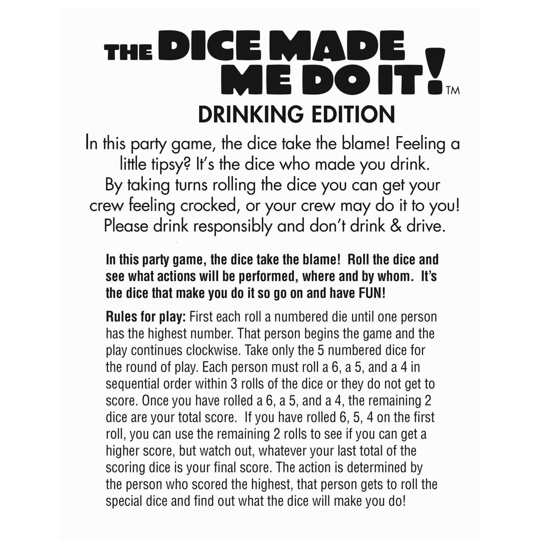 Instructions on how to play The Dice Made Me Do It Drinking Edition
 