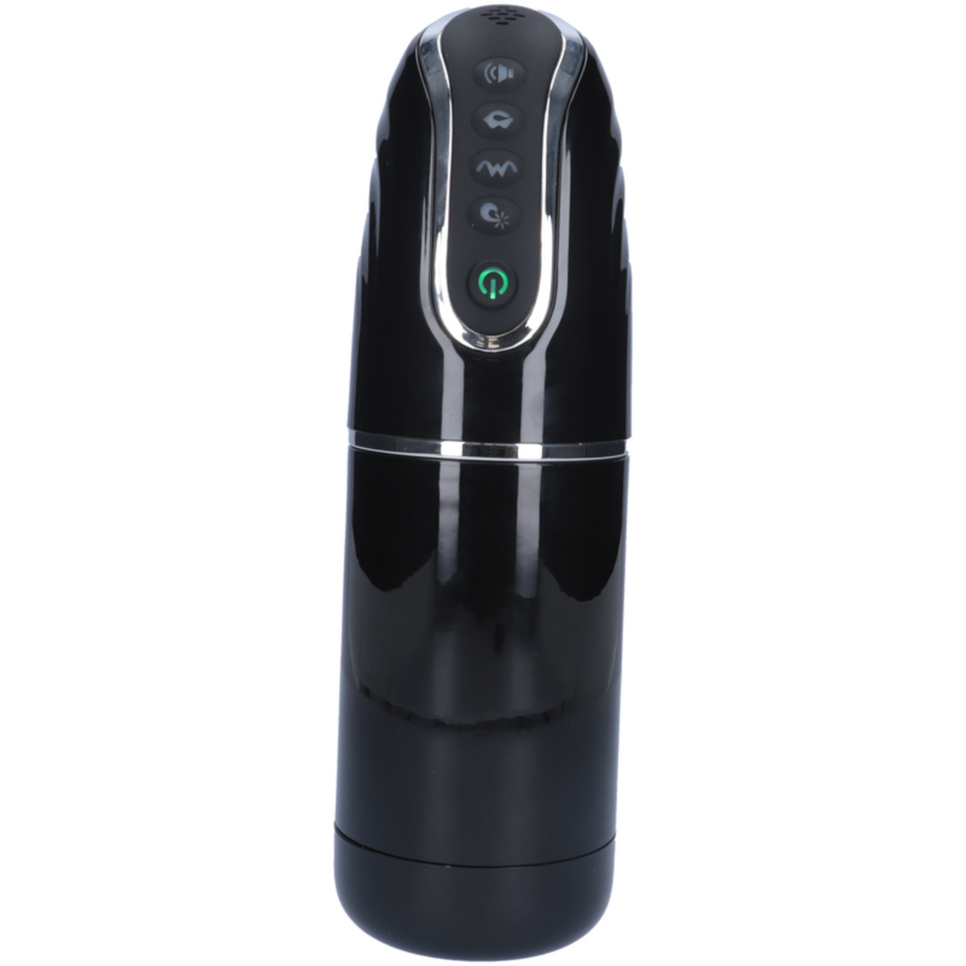 Front view of sucking and vibrating masturbator in black