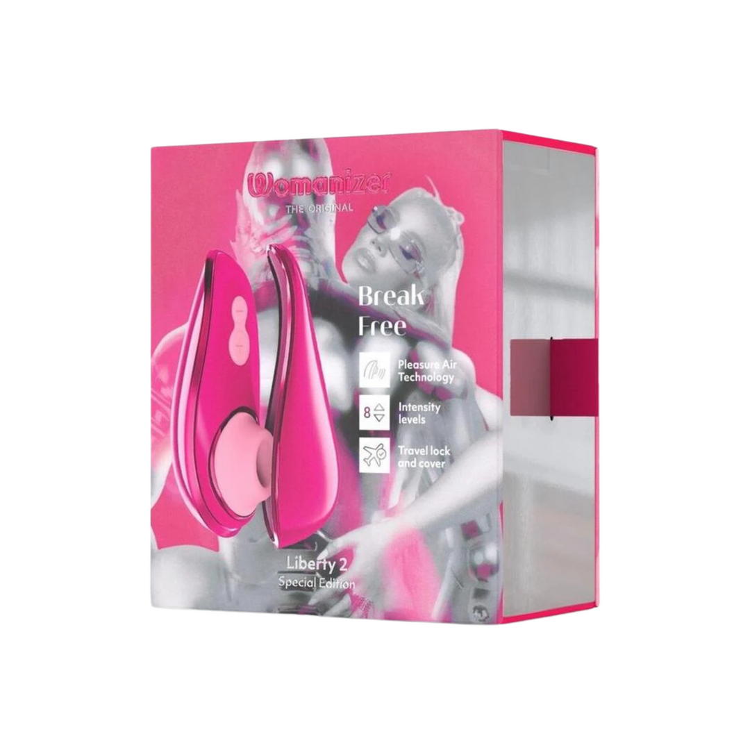 backside of Womanizer Liberty 2 Iggy Azalea Rechargeable Silicone Clitoral Stimulator packaging