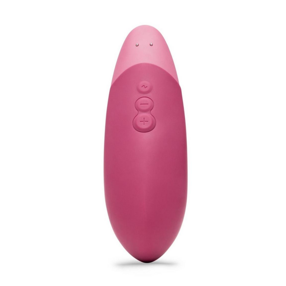 view of power button and settings on Womanizer Vibe Rechargeable Silicone Clitoral Vibrator - Dusty Pink