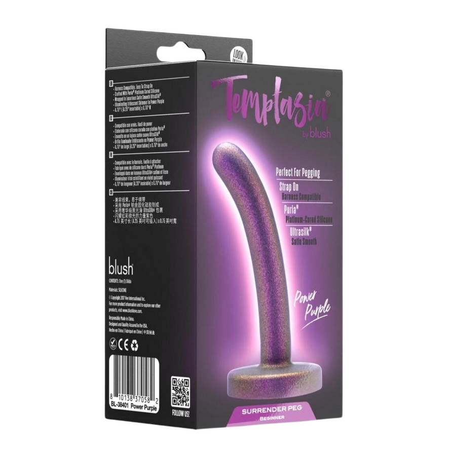 Temptasia Surrender Peg Silicone Dildo - Beginner - Power Purple, as seen inside of packaging 