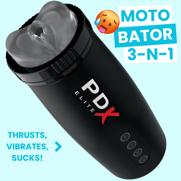 Black Moto Bator 3 in 1 Masturbator Toy THRUSTS, VIBRATES, SUCKS