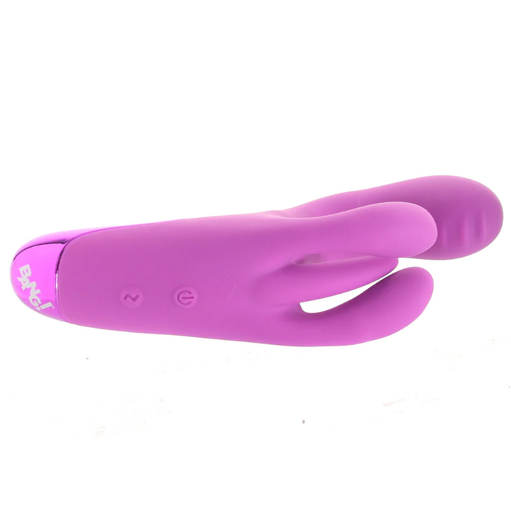 Front view of purple BANG! Triple Rabbit Silicone Vibrator on its side.