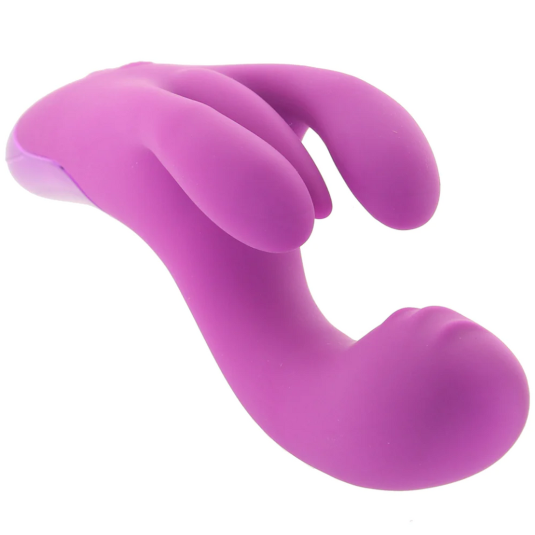 Close-up view of purple BANG! Triple Rabbit Silicone Vibrator's labia spreader and clitoral stimulator.