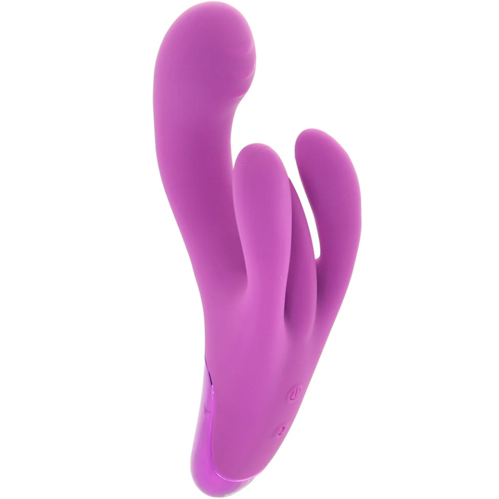 Front side angled view of purple BANG! Triple Rabbit Silicone Vibrator.