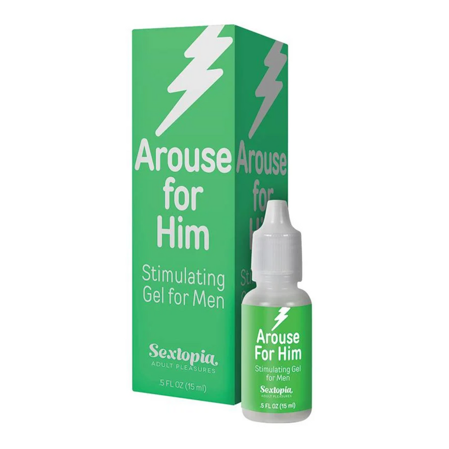 Arouse for Him Stimulating Gel .5 oz Bottle next to packaging 
