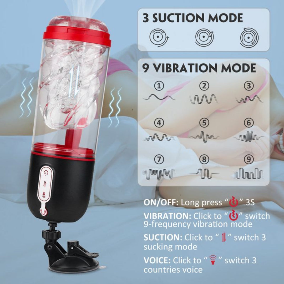 Black and red Vibrating/Sucking Masturbator w/ Voice Mode and suction cup base