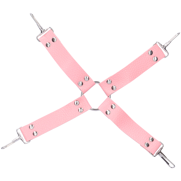 Bird's eye view of pink leather hog tie restraint.