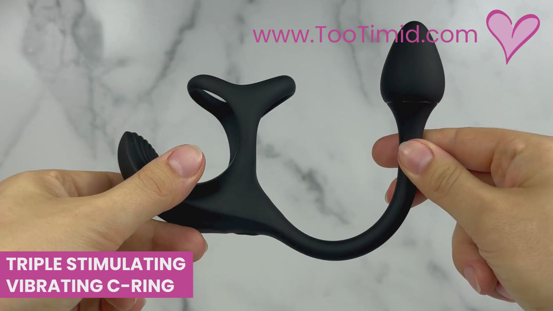 Video of black triple stimulating cock ring with anal plug and ball vibrator