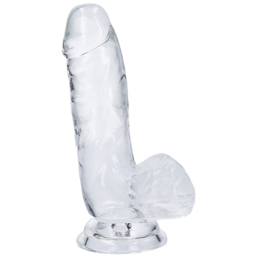 Side view of small clear realistic suction cup dildo with balls.