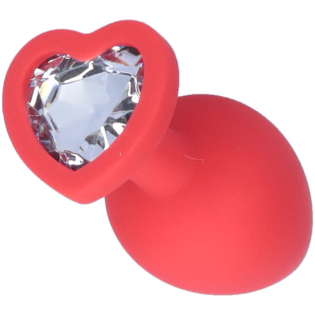 Picture of the red butt plug, showing the clear heart jewel.