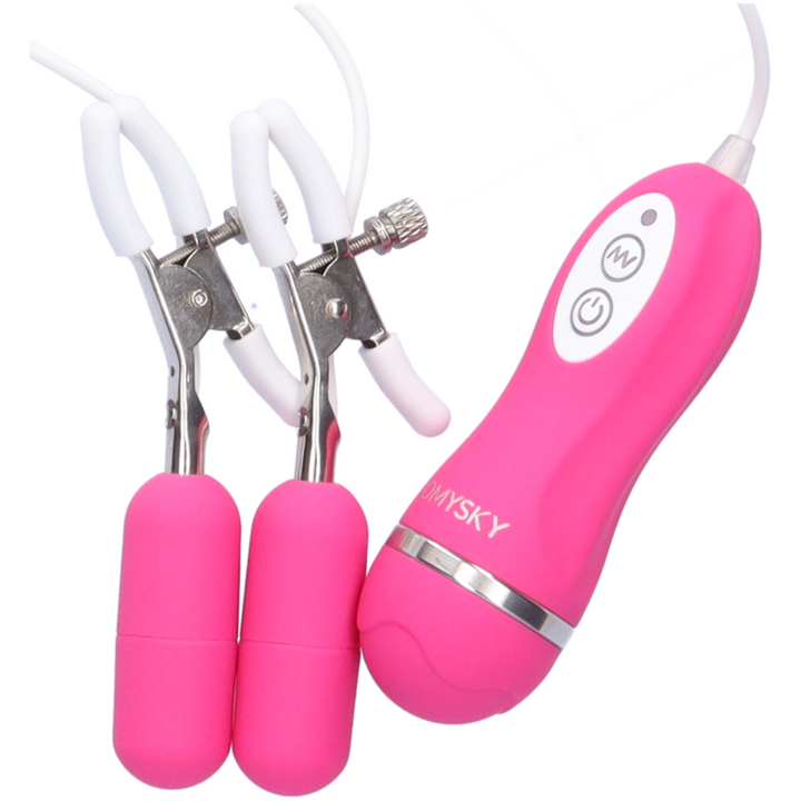 Pink vibrating nipple clamps with corded battery pack