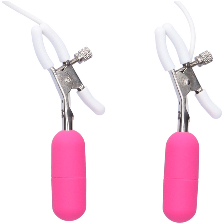 Pink vibrating nipple clamps with corded battery pack