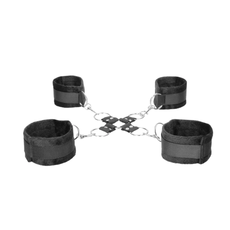 Image displays velcro hogtie with hand and ankle cuffs.