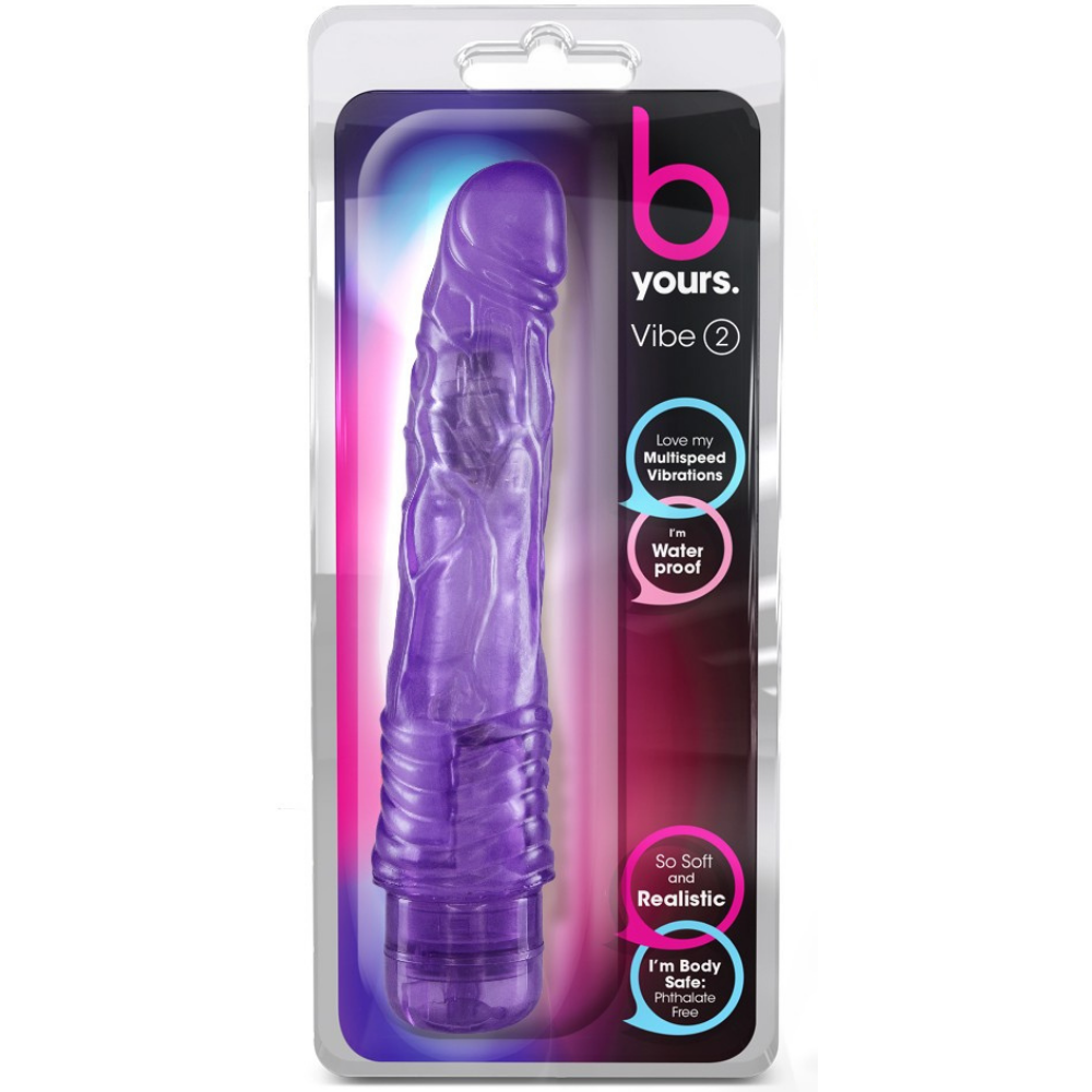 Image of the packaging of the dildo. This dong is perfect for enhancing your solo play or to spice up foreplay with your partner! Check out this purple dildo by Blush today!