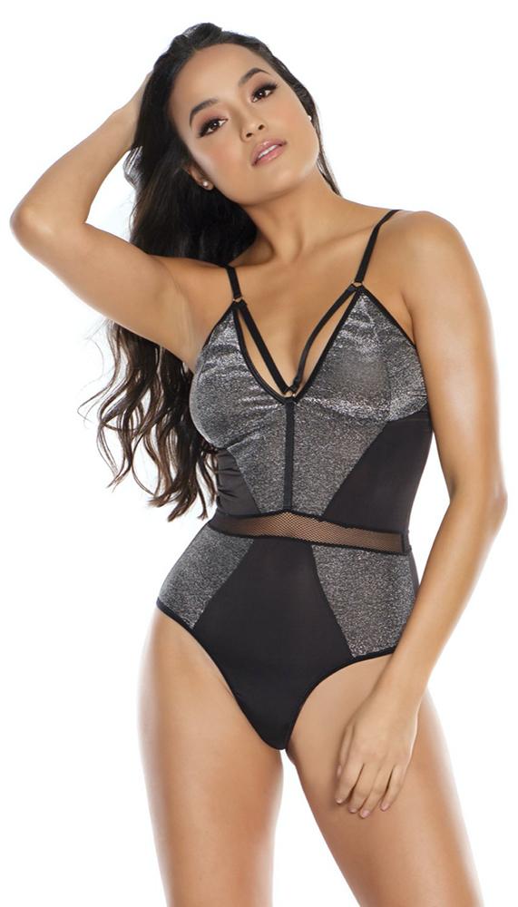 Strappy Shimmer & Fishnet Thong Teddy - Lingerie