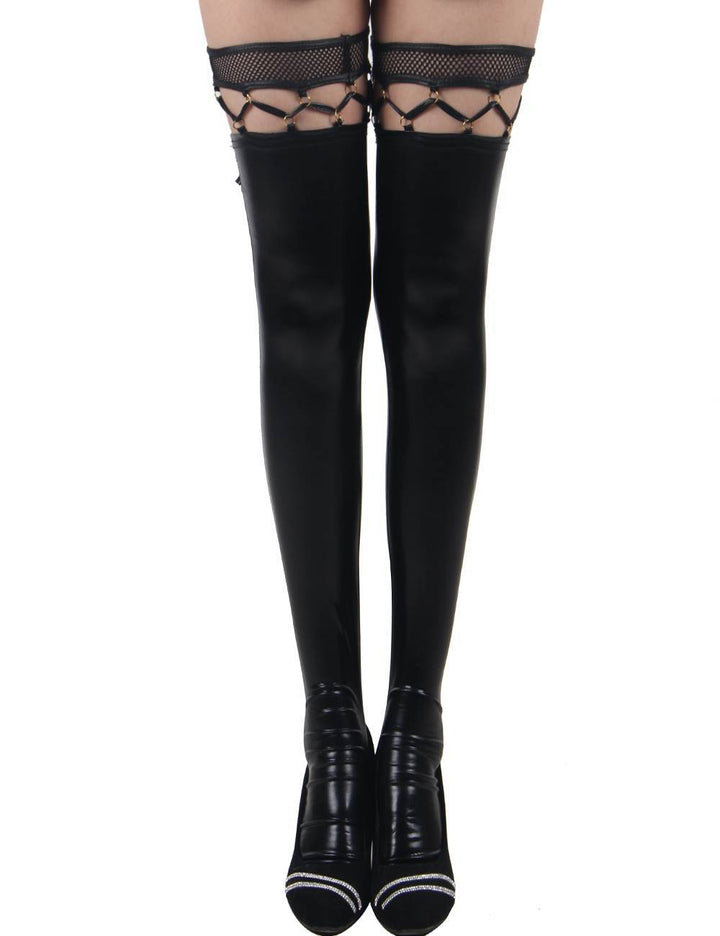 Black Faux Leather Stockings - One Size Fits Most - Lingerie