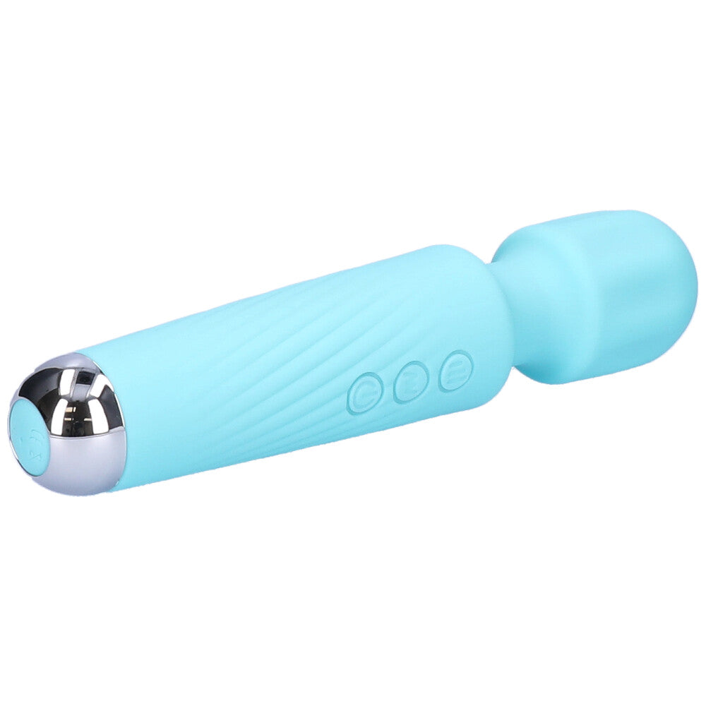 Light blue silicone vibrating wand with a shiny plastic silver base and three buttons on the handle from a lower angle laying down