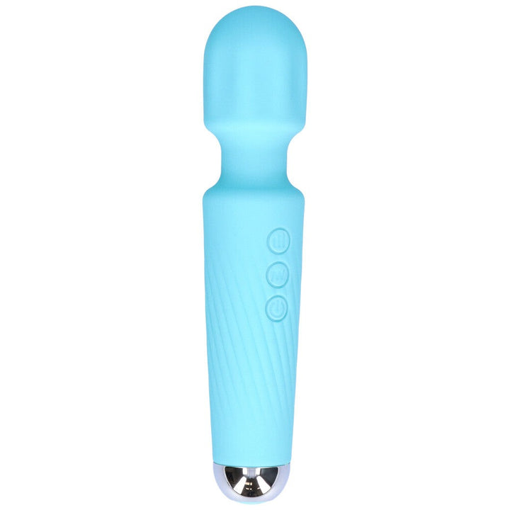 Light blue silicone vibrating sex toy massager wand with three buttons on the handle rotated slightly with a shiny silver base bottom